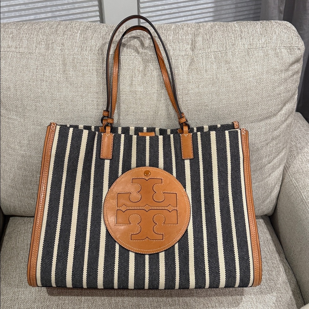 Tory Burch Ella Black and White Striped Tote with Tan Accents